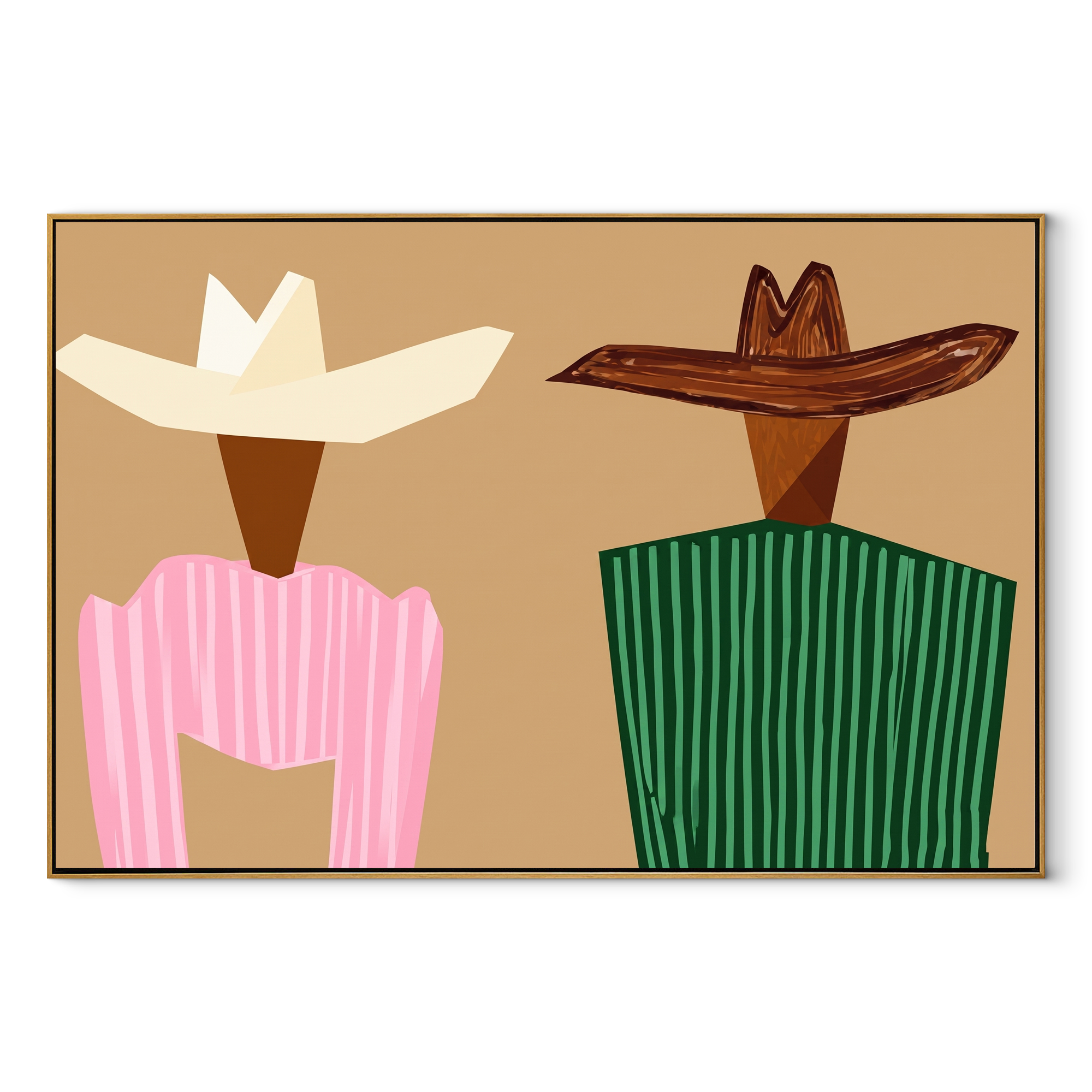 Angular Hats Divide Sand - geometric striped figure pair painting by Elliot Vale, modern figurative horizontal wall art - wood frame on white background