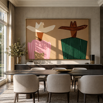 Angular Hats Divide Sand - geometric striped figure pair painting by Elliot Vale, modern figurative horizontal wall art - styled room scene view 2