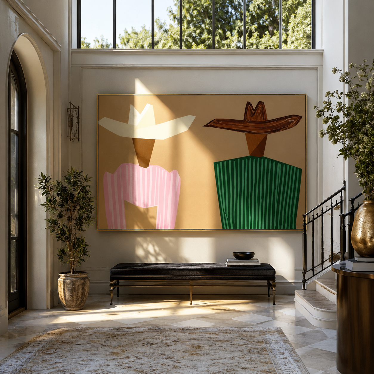 Angular Hats Divide Sand - geometric striped figure pair painting by Elliot Vale, modern figurative horizontal wall art - styled room scene view 3