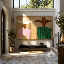 Angular Hats Divide Sand - geometric striped figure pair painting by Elliot Vale, modern figurative horizontal wall art - styled room scene view 3