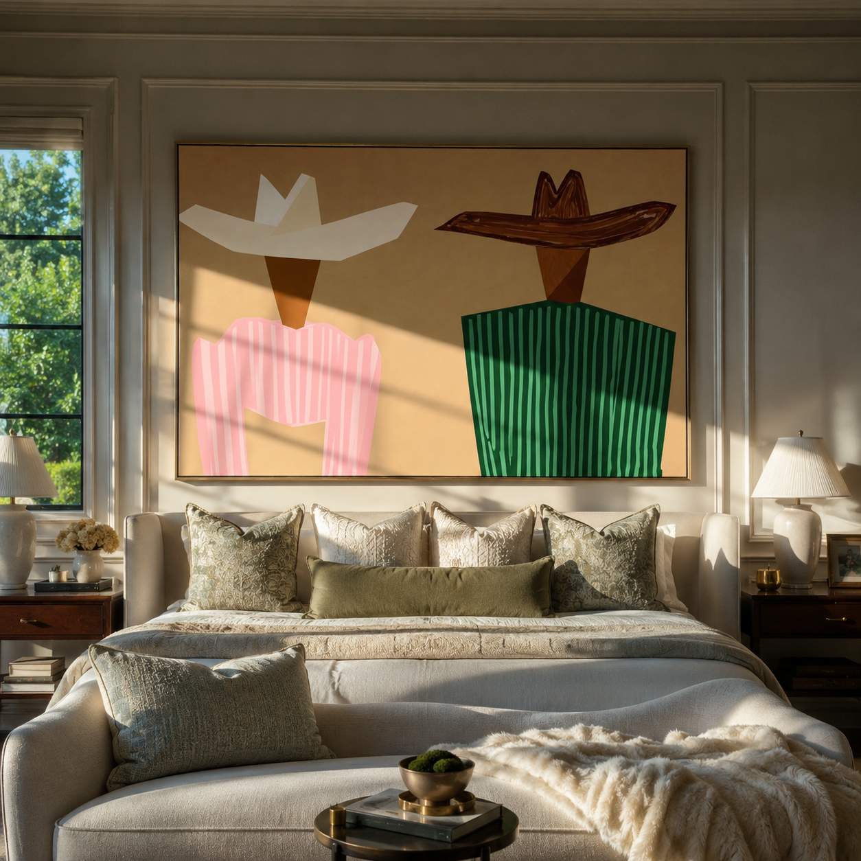 Angular Hats Divide Sand - geometric striped figure pair painting by Elliot Vale, modern figurative horizontal wall art - styled room scene view 4
