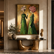 Flower Crowns Trade Secrets - floral head women painting by Elliot Vale, modern figurative vertical wall art - styled room scene view 1