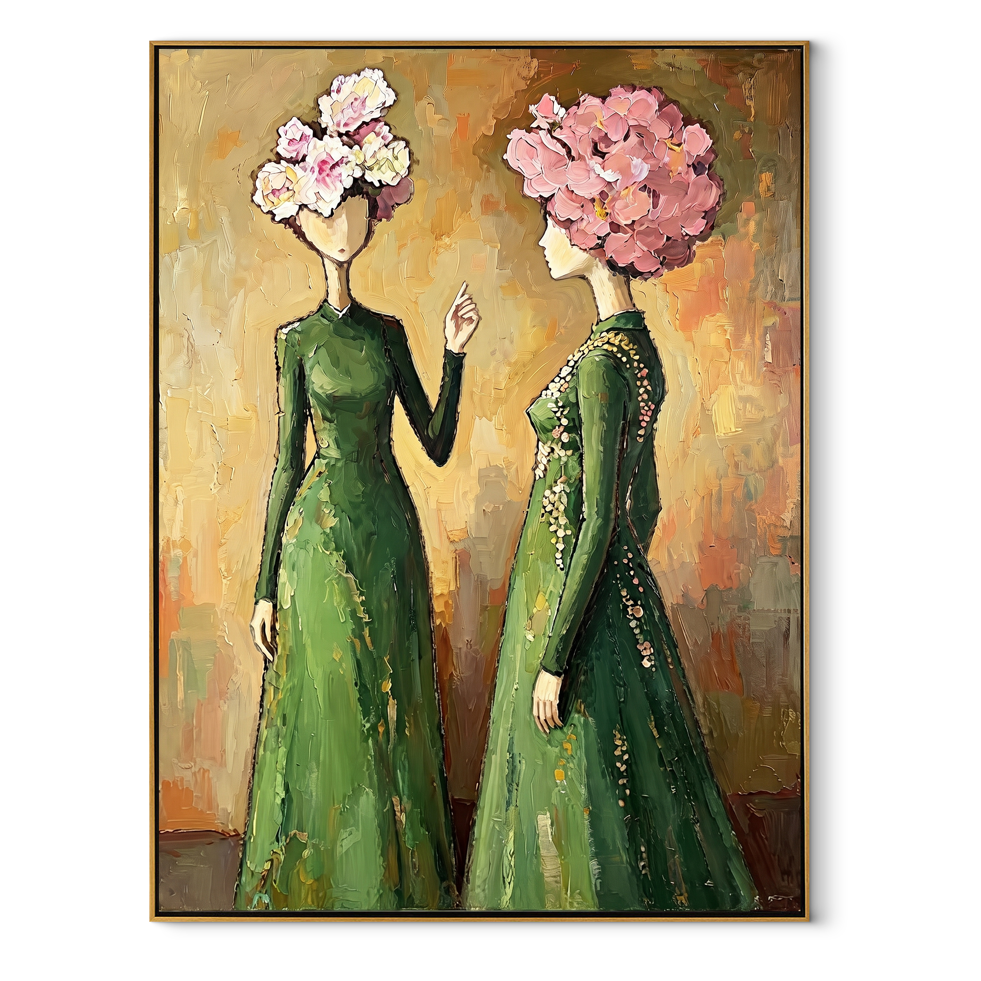 Flower Crowns Trade Secrets - floral head women painting by Elliot Vale, modern figurative vertical wall art - wood frame on white background