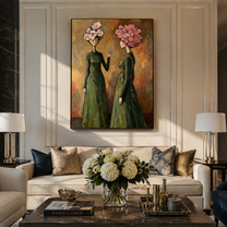 Flower Crowns Trade Secrets - floral head women painting by Elliot Vale, modern figurative vertical wall art - styled room scene view 2