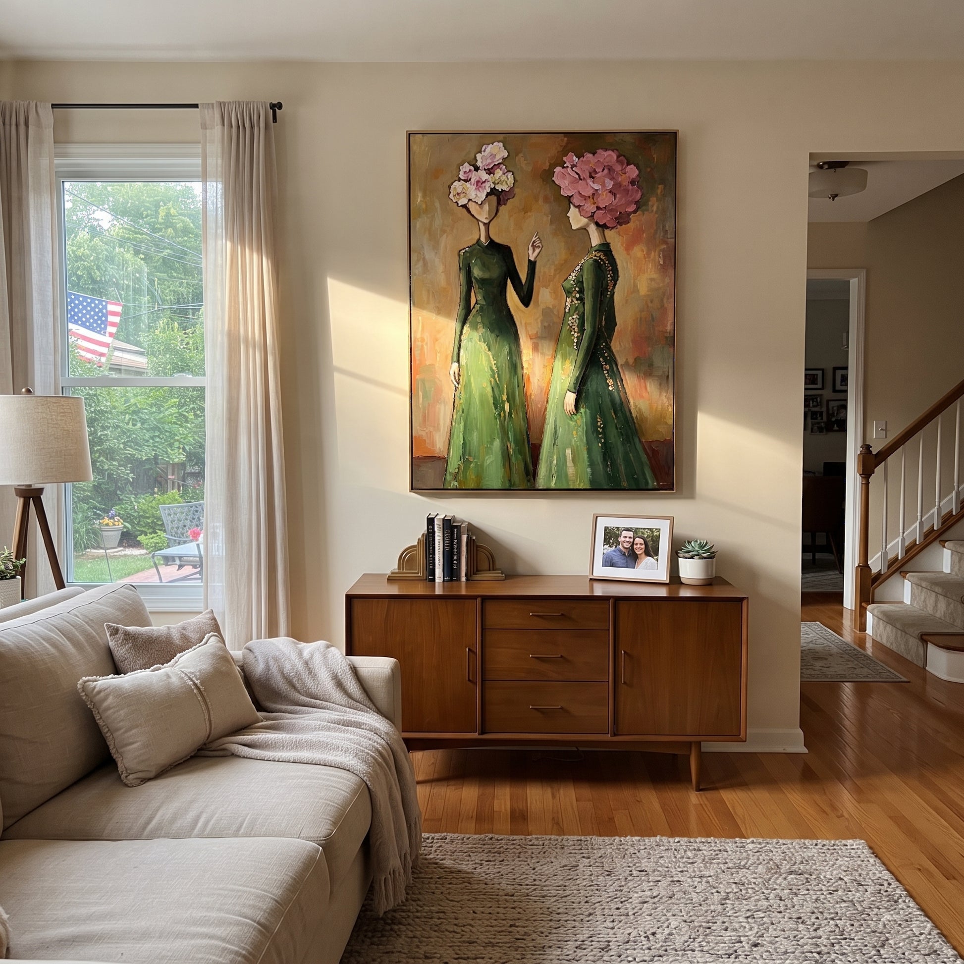 Flower Crowns Trade Secrets - floral head women painting by Elliot Vale, modern figurative vertical wall art - styled room scene view 3