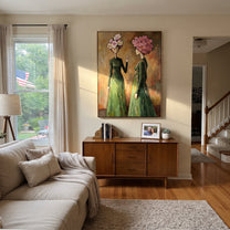 Flower Crowns Trade Secrets - floral head women painting by Elliot Vale, modern figurative vertical wall art - styled room scene view 3