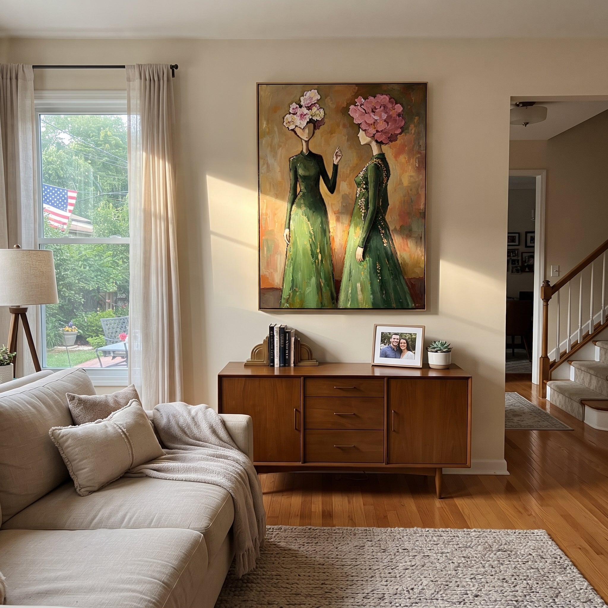 Flower Crowns Trade Secrets - floral head women painting by Elliot Vale, modern figurative vertical wall art - styled room scene view 3