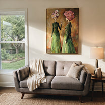 Flower Crowns Trade Secrets - floral head women painting by Elliot Vale, modern figurative vertical wall art - styled room scene view 4