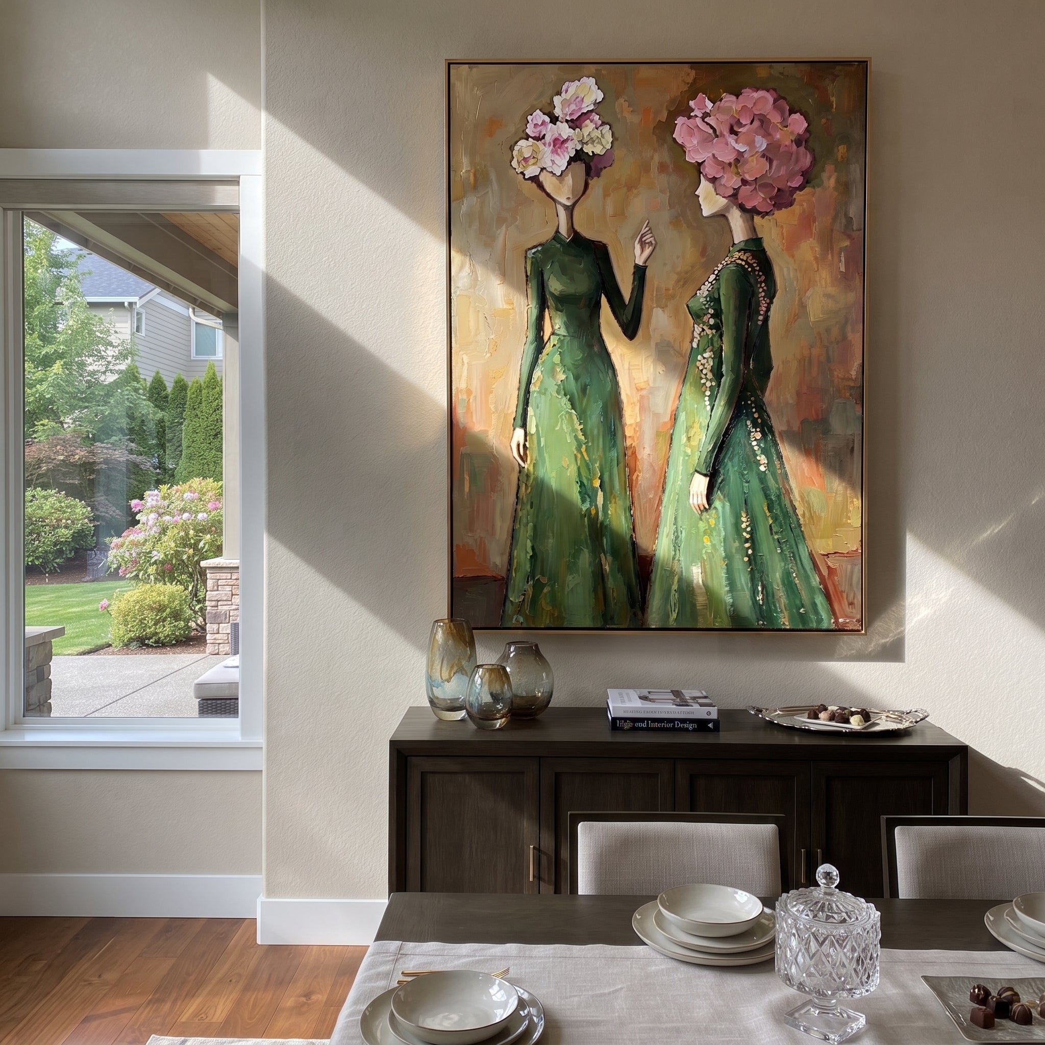 Flower Crowns Trade Secrets - floral head women painting by Elliot Vale, modern figurative vertical wall art - styled room scene view 5