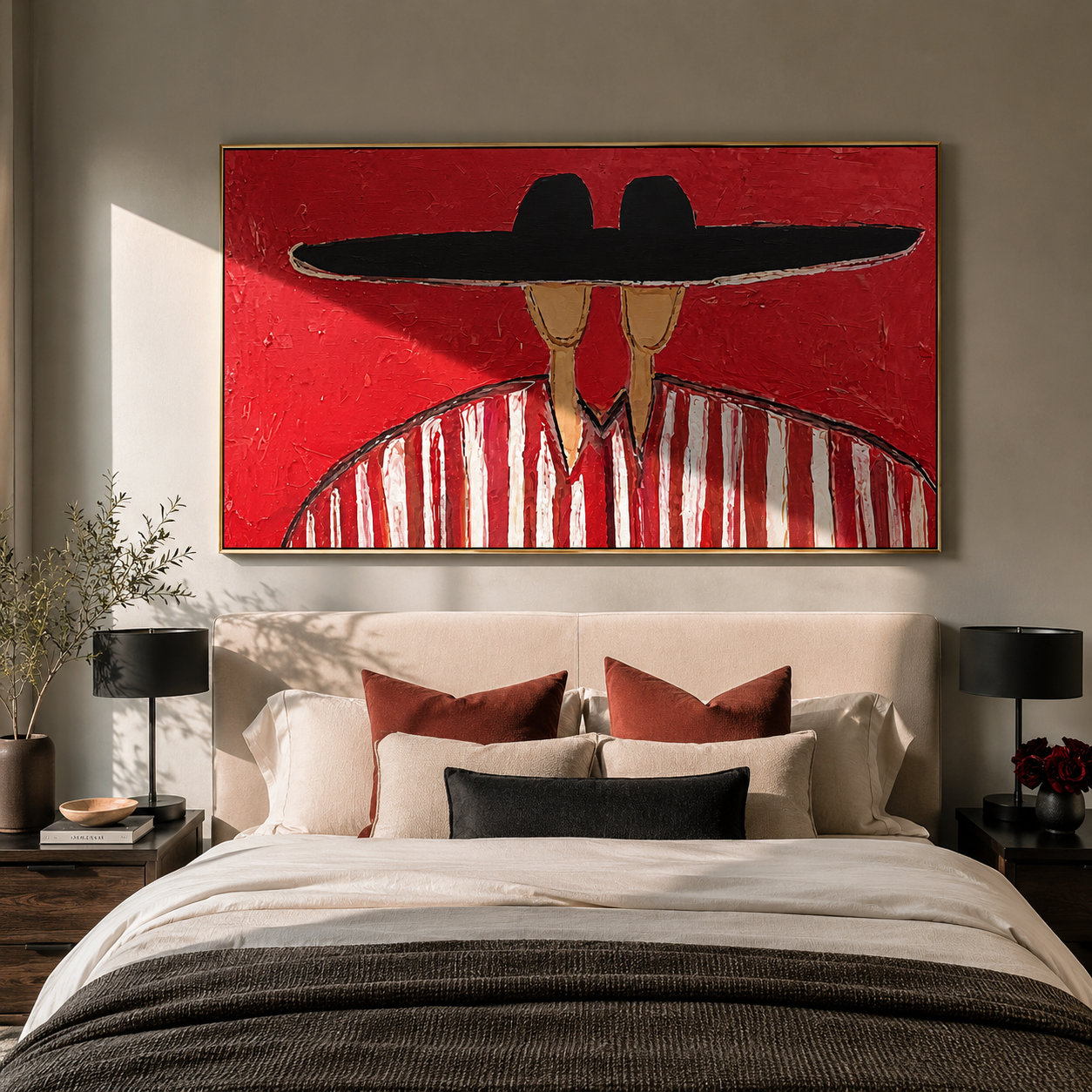 Black Brim Joins Stripes - shared hat figure pair painting by Elliot Vale, modern figurative horizontal wall art - styled room scene view 1