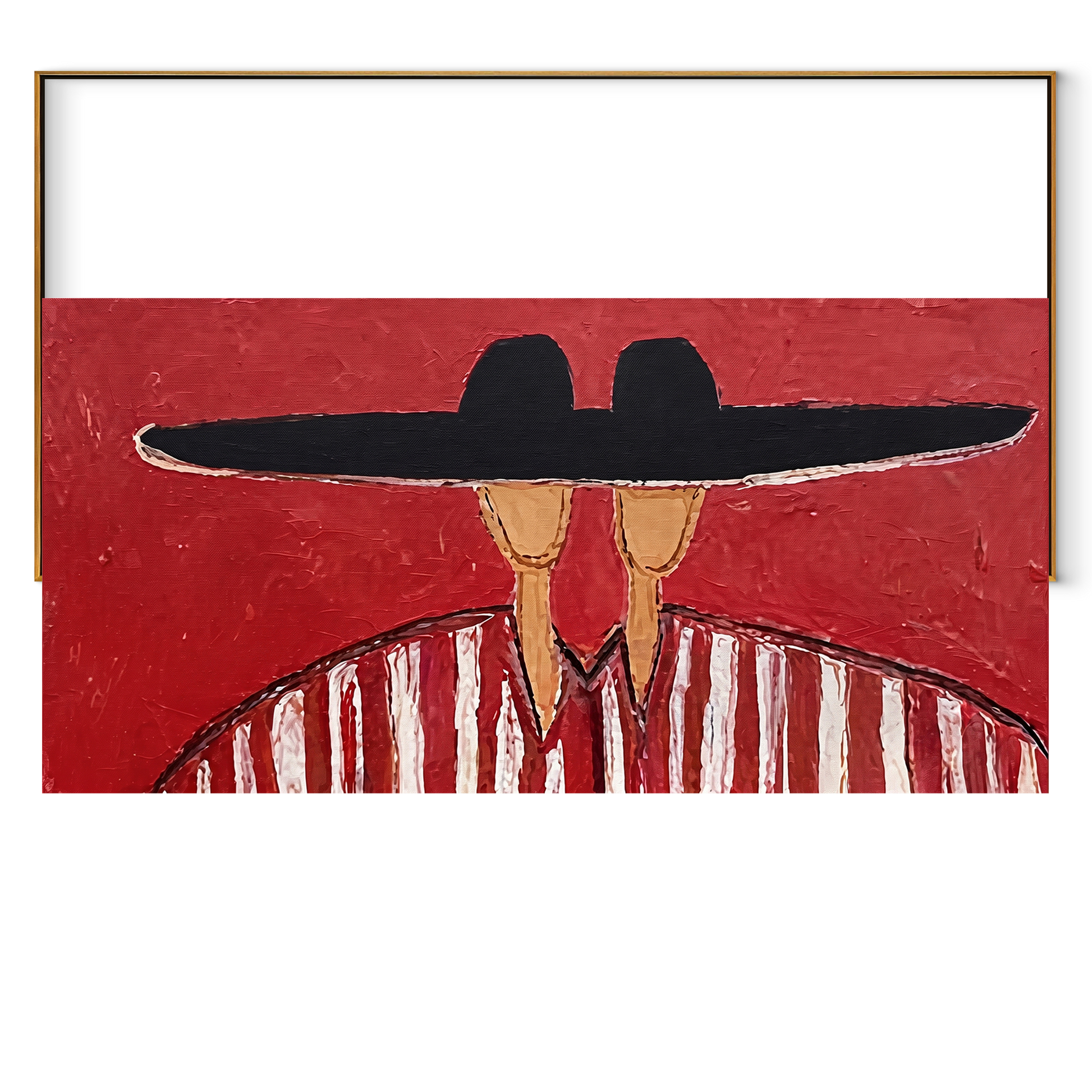 Black Brim Joins Stripes - shared hat figure pair painting by Elliot Vale, modern figurative horizontal wall art - wood frame on white background