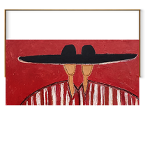 Black Brim Joins Stripes - shared hat figure pair painting by Elliot Vale, modern figurative horizontal wall art - wood frame on white background