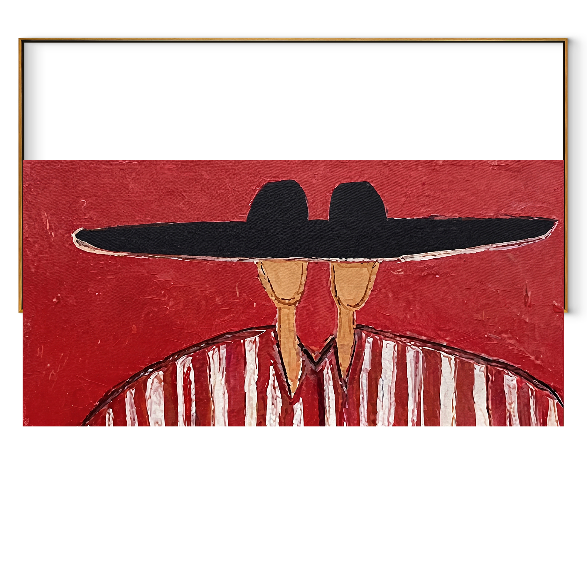 Black Brim Joins Stripes - shared hat figure pair painting by Elliot Vale, modern figurative horizontal wall art - wood frame on white background