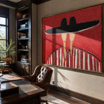 Black Brim Joins Stripes - shared hat figure pair painting by Elliot Vale, modern figurative horizontal wall art - styled room scene view 2