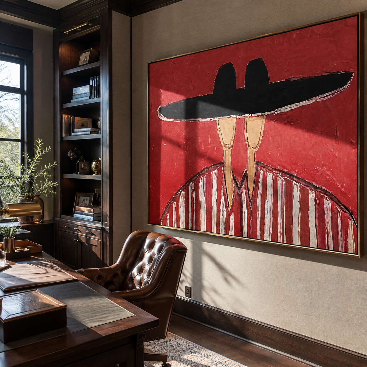 Black Brim Joins Stripes - shared hat figure pair painting by Elliot Vale, modern figurative horizontal wall art - styled room scene view 2