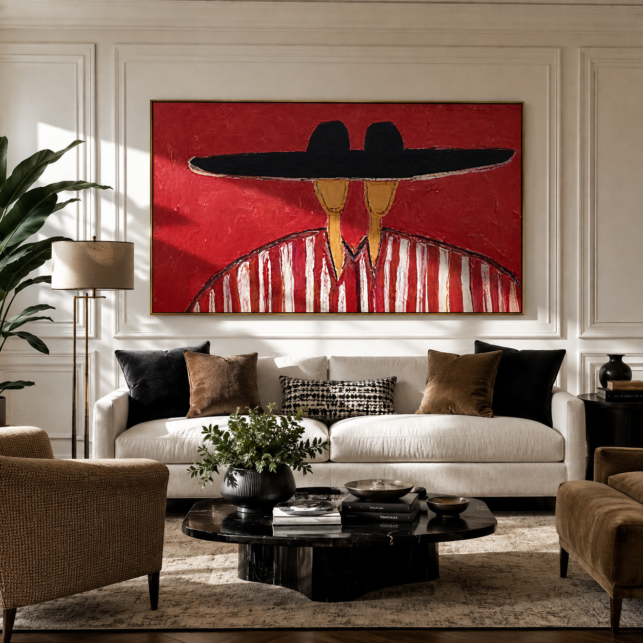 Black Brim Joins Stripes - shared hat figure pair painting by Elliot Vale, modern figurative horizontal wall art - styled room scene view 3