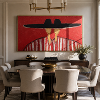 Black Brim Joins Stripes - shared hat figure pair painting by Elliot Vale, modern figurative horizontal wall art - styled room scene view 4