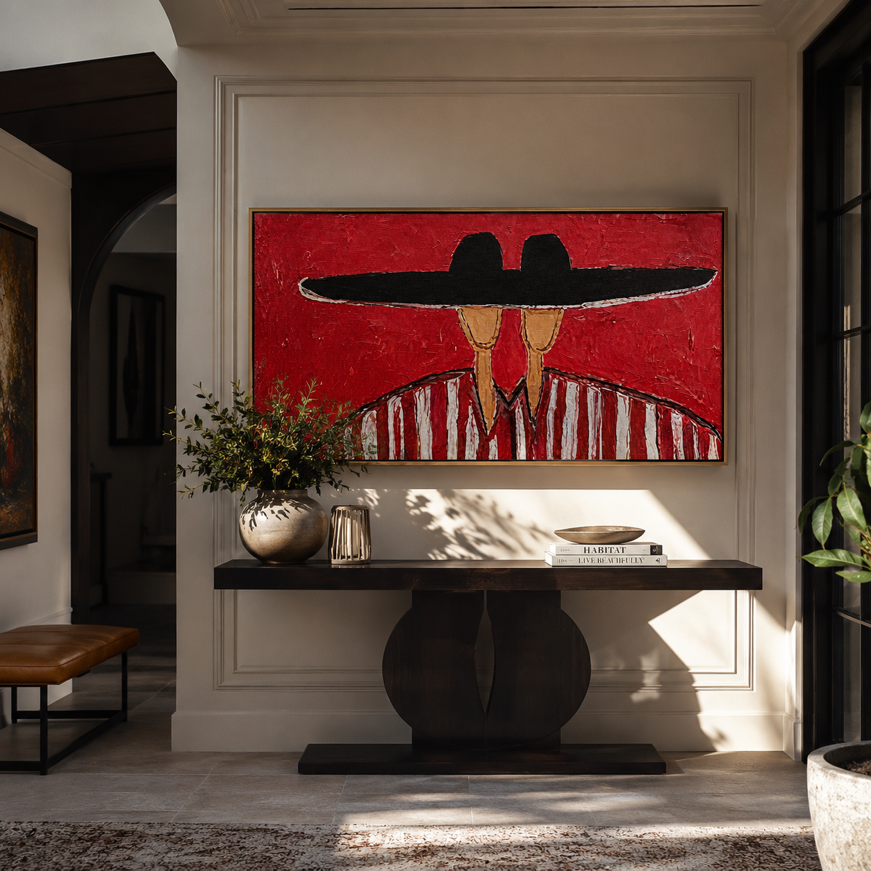 Black Brim Joins Stripes - shared hat figure pair painting by Elliot Vale, modern figurative horizontal wall art - styled room scene view 5