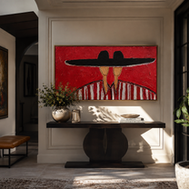 Black Brim Joins Stripes - shared hat figure pair painting by Elliot Vale, modern figurative horizontal wall art - styled room scene view 5