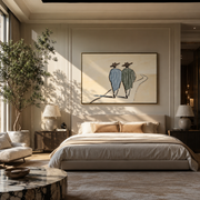 Two Figures Follow Road - walking western pair painting by Elliot Vale, modern figurative horizontal wall art - styled room scene view 1