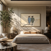 Two Figures Follow Road - walking western pair painting by Elliot Vale, modern figurative horizontal wall art - styled room scene view 1