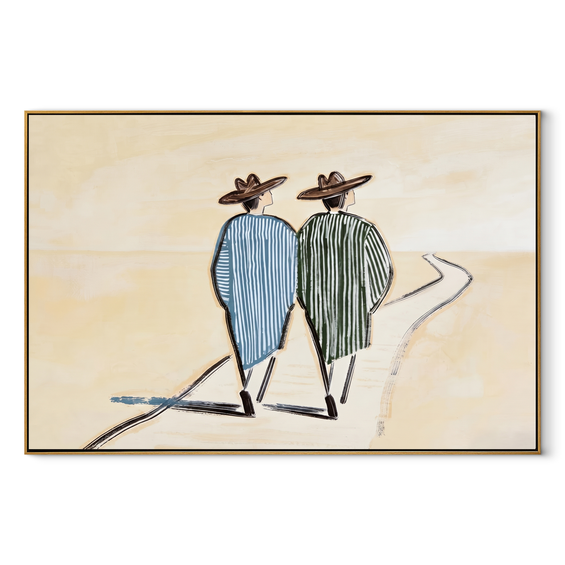 Two Figures Follow Road - walking western pair painting by Elliot Vale, modern figurative horizontal wall art - wood frame on white background