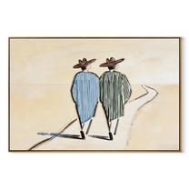Two Figures Follow Road - walking western pair painting by Elliot Vale, modern figurative horizontal wall art - wood frame on white background