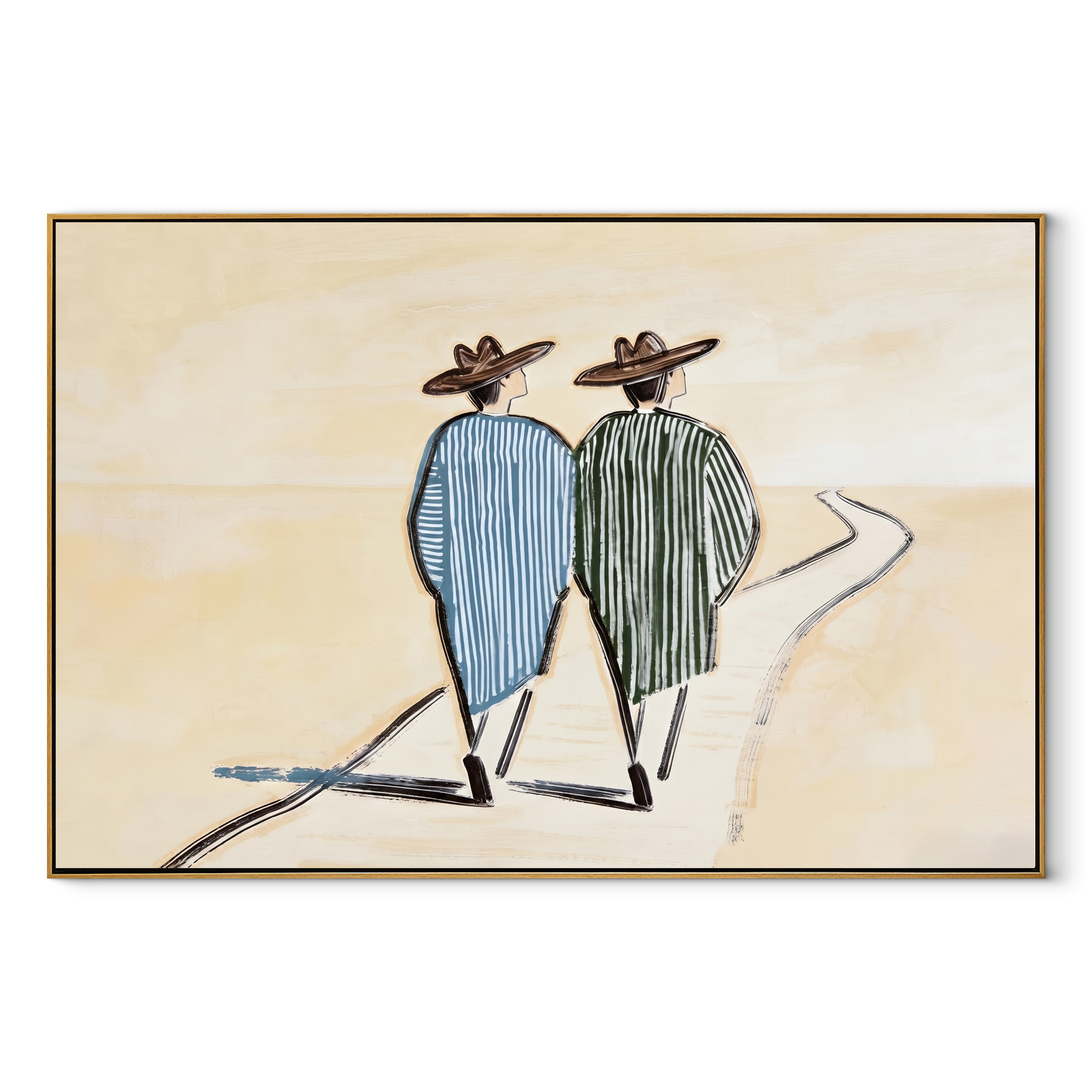 Two Figures Follow Road - walking western pair painting by Elliot Vale, modern figurative horizontal wall art - wood frame on white background
