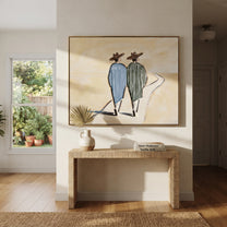 Two Figures Follow Road - walking western pair painting by Elliot Vale, modern figurative horizontal wall art - styled room scene view 2