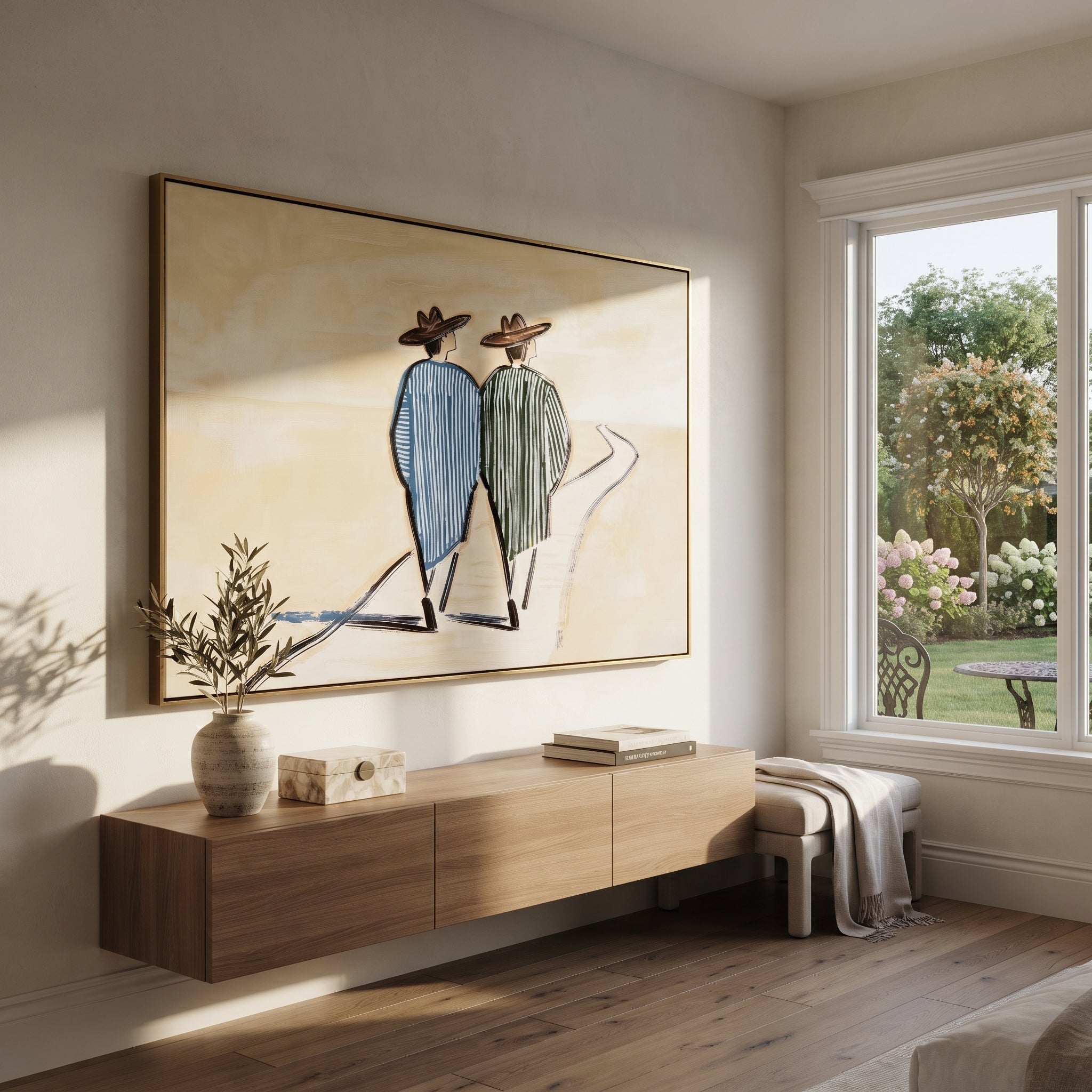 Two Figures Follow Road - walking western pair painting by Elliot Vale, modern figurative horizontal wall art - styled room scene view 3