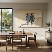 Two Figures Follow Road - walking western pair painting by Elliot Vale, modern figurative horizontal wall art - styled room scene view 4