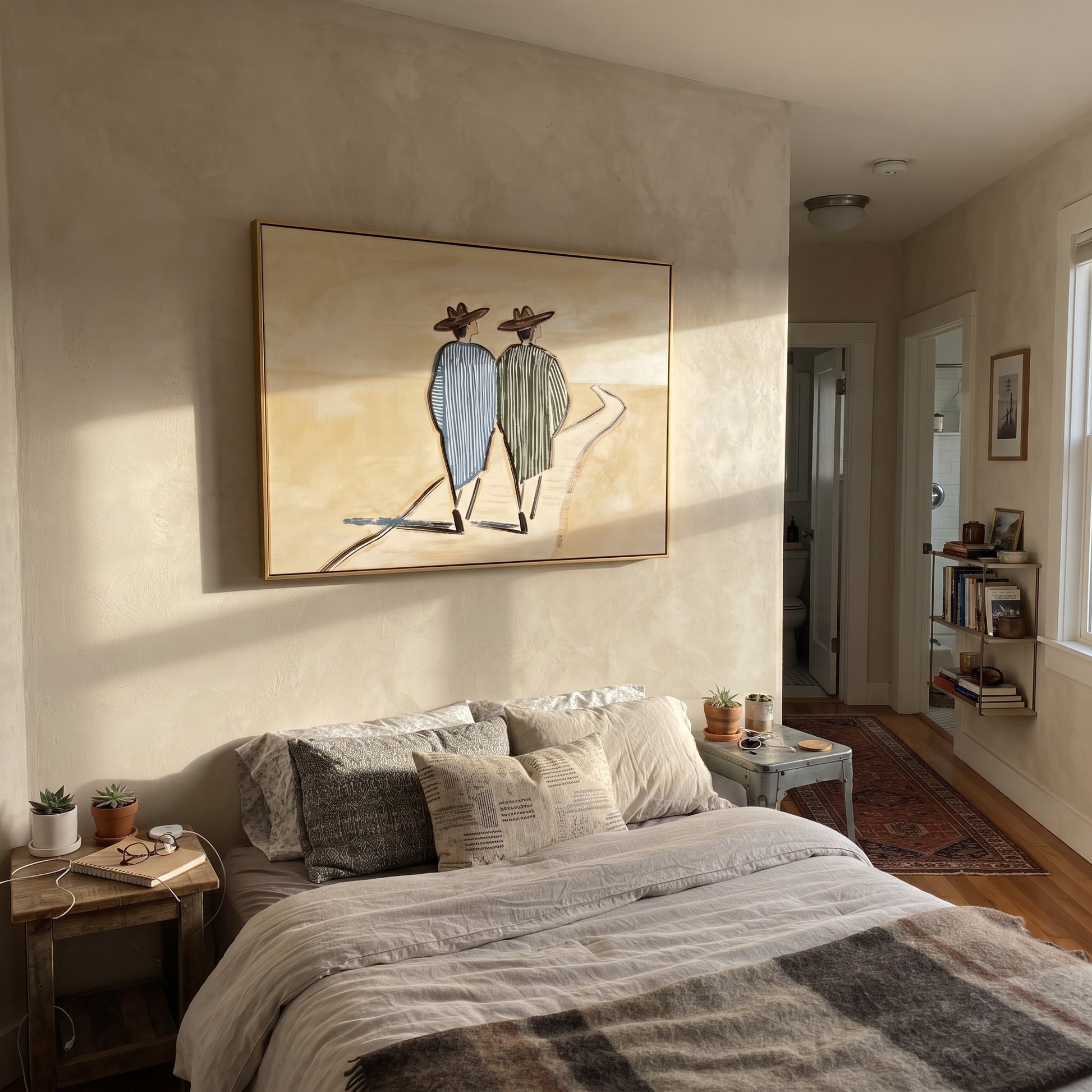 Two Figures Follow Road - walking western pair painting by Elliot Vale, modern figurative horizontal wall art - styled room scene view 5