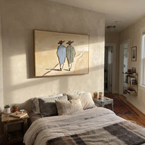 Two Figures Follow Road - walking western pair painting by Elliot Vale, modern figurative horizontal wall art - styled room scene view 5