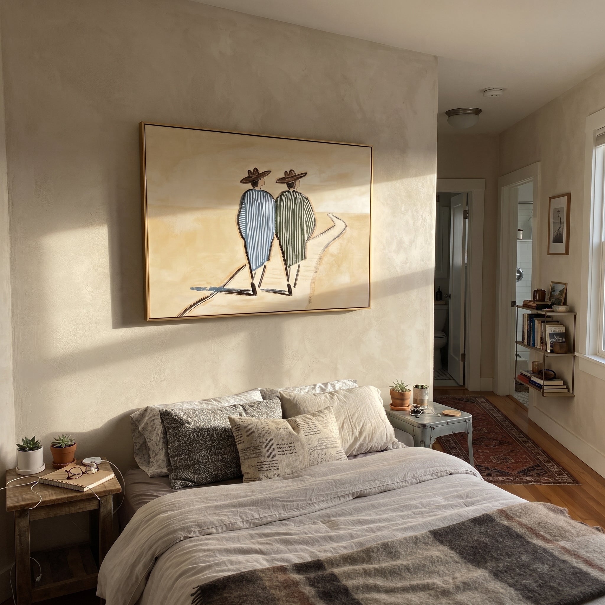 Two Figures Follow Road - walking western pair painting by Elliot Vale, modern figurative horizontal wall art - styled room scene view 5