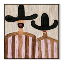 Black Hats Frame Pink - pink striped figure pair painting by Elliot Vale, modern figurative square wall art - wood frame on white background