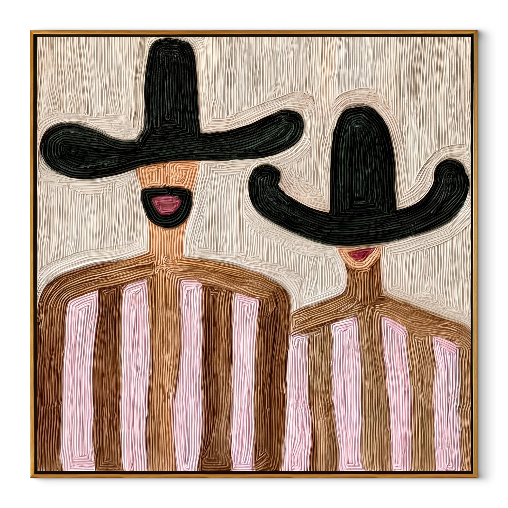 Black Hats Frame Pink - pink striped figure pair painting by Elliot Vale, modern figurative square wall art - wood frame on white background