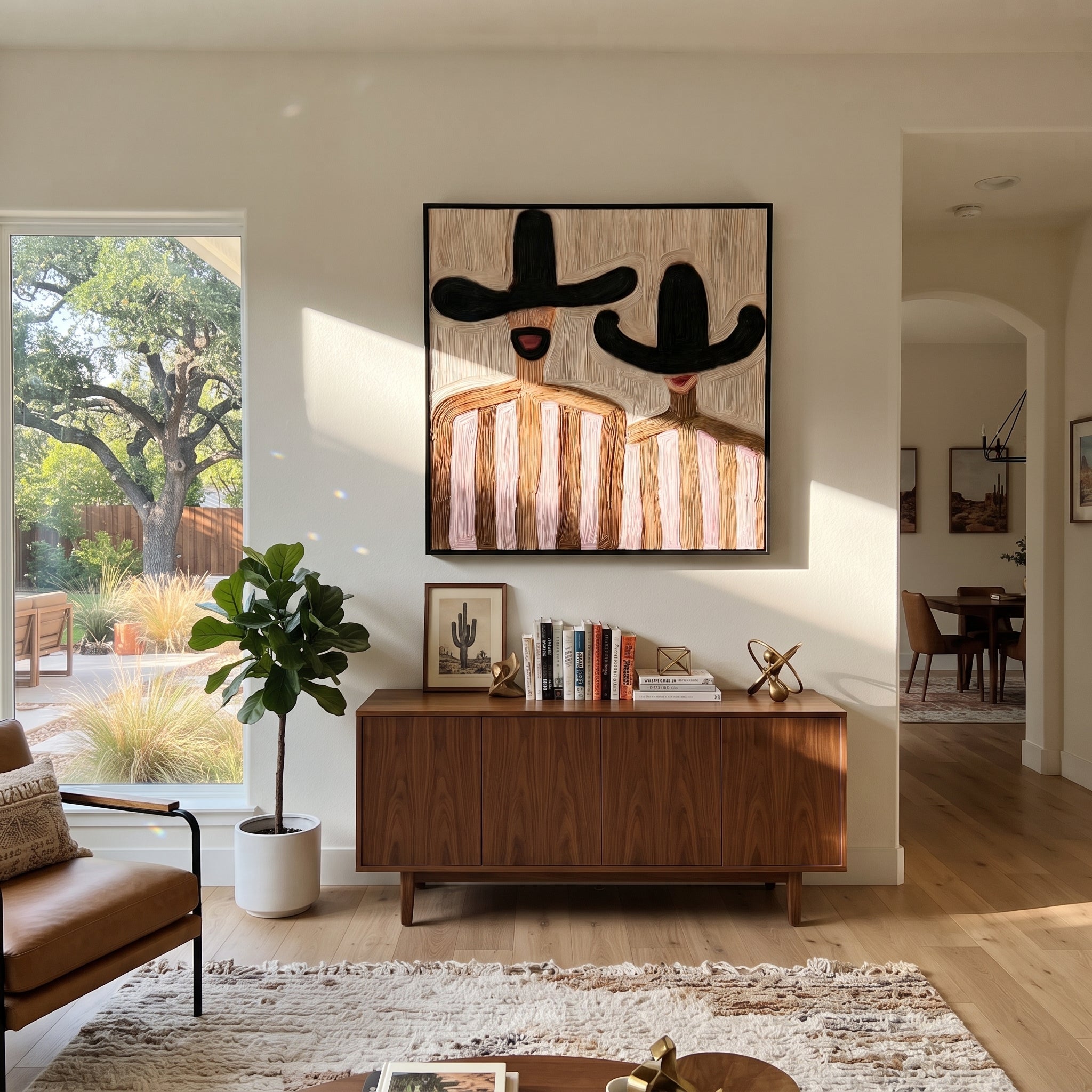 Black Hats Frame Pink - pink striped figure pair painting by Elliot Vale, modern figurative square wall art - styled room scene view 2