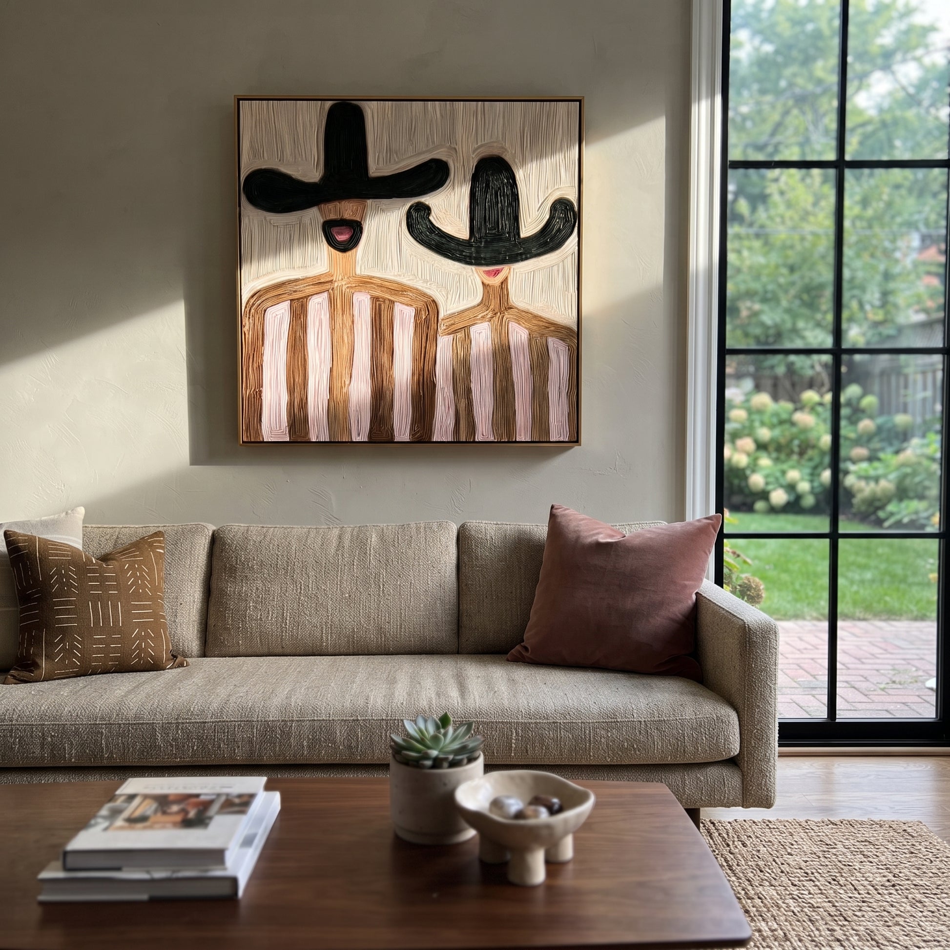 Black Hats Frame Pink - pink striped figure pair painting by Elliot Vale, modern figurative square wall art - styled room scene view 3