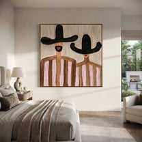 Black Hats Frame Pink - pink striped figure pair painting by Elliot Vale, modern figurative square wall art - styled room scene view 4
