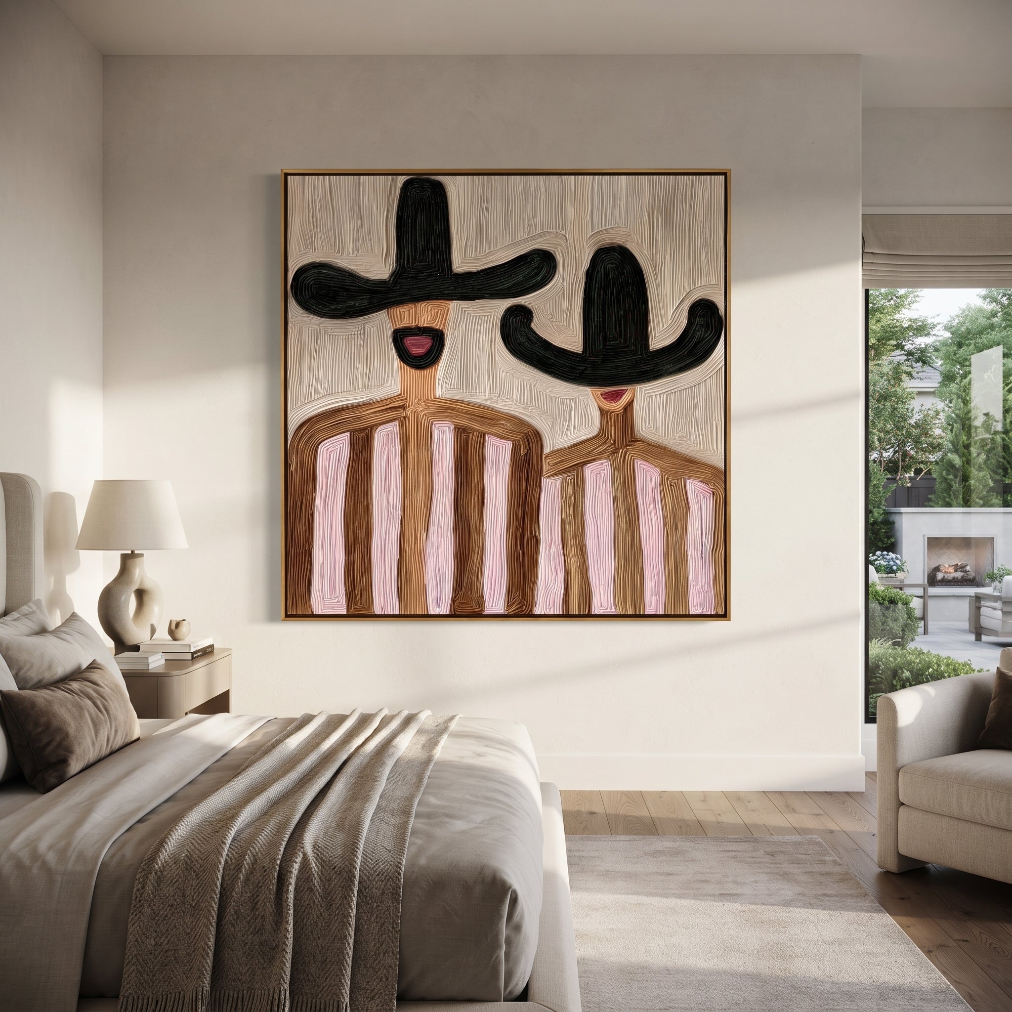 Black Hats Frame Pink - pink striped figure pair painting by Elliot Vale, modern figurative square wall art - styled room scene view 4