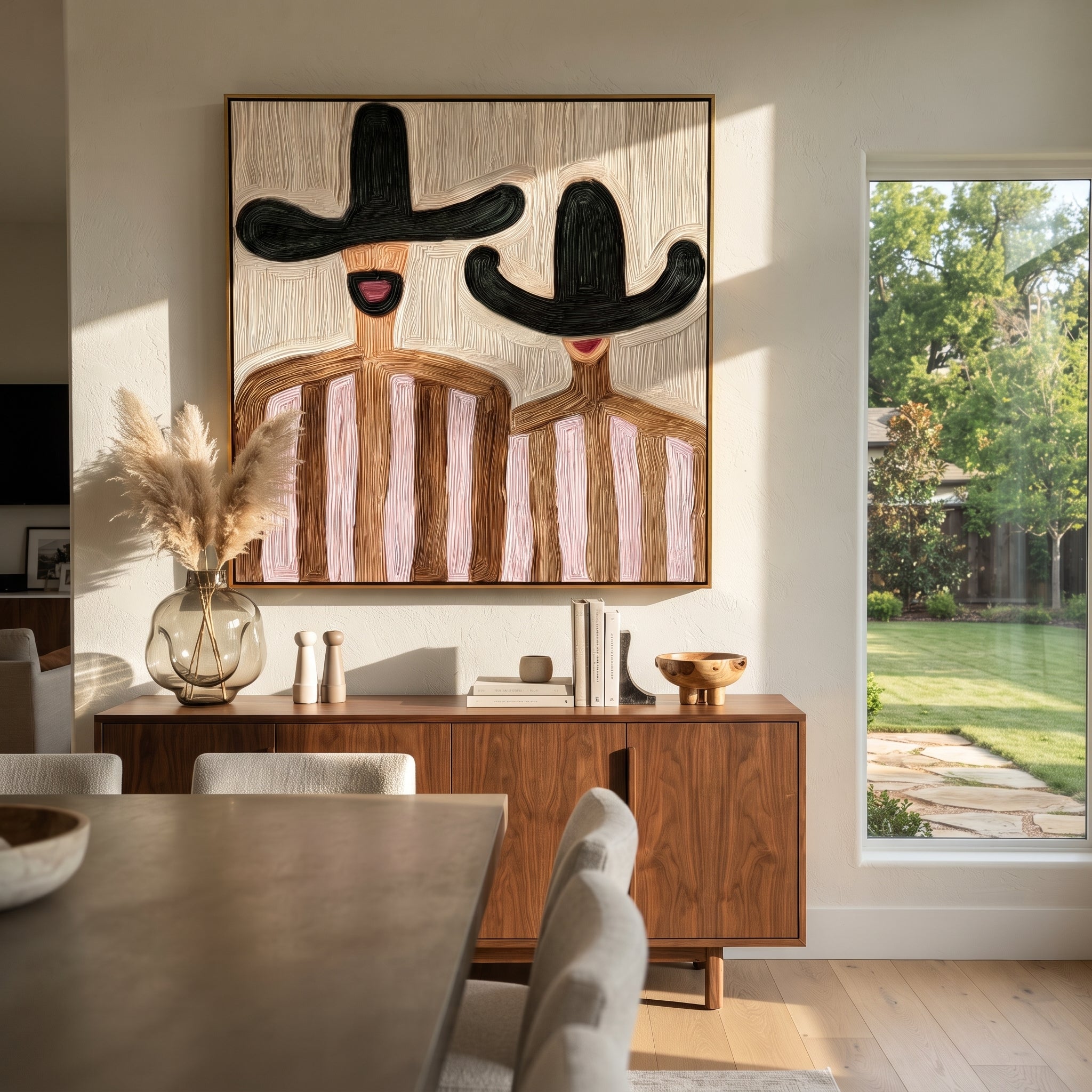 Black Hats Frame Pink - pink striped figure pair painting by Elliot Vale, modern figurative square wall art - styled room scene view 5