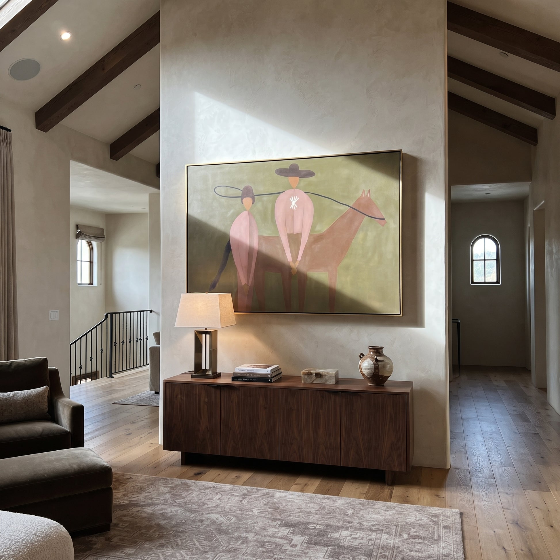 Star Back Meets Horse - western horse companion painting by Elliot Vale, modern figurative horizontal wall art - styled room scene view 1