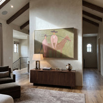 Star Back Meets Horse - western horse companion painting by Elliot Vale, modern figurative horizontal wall art - styled room scene view 1
