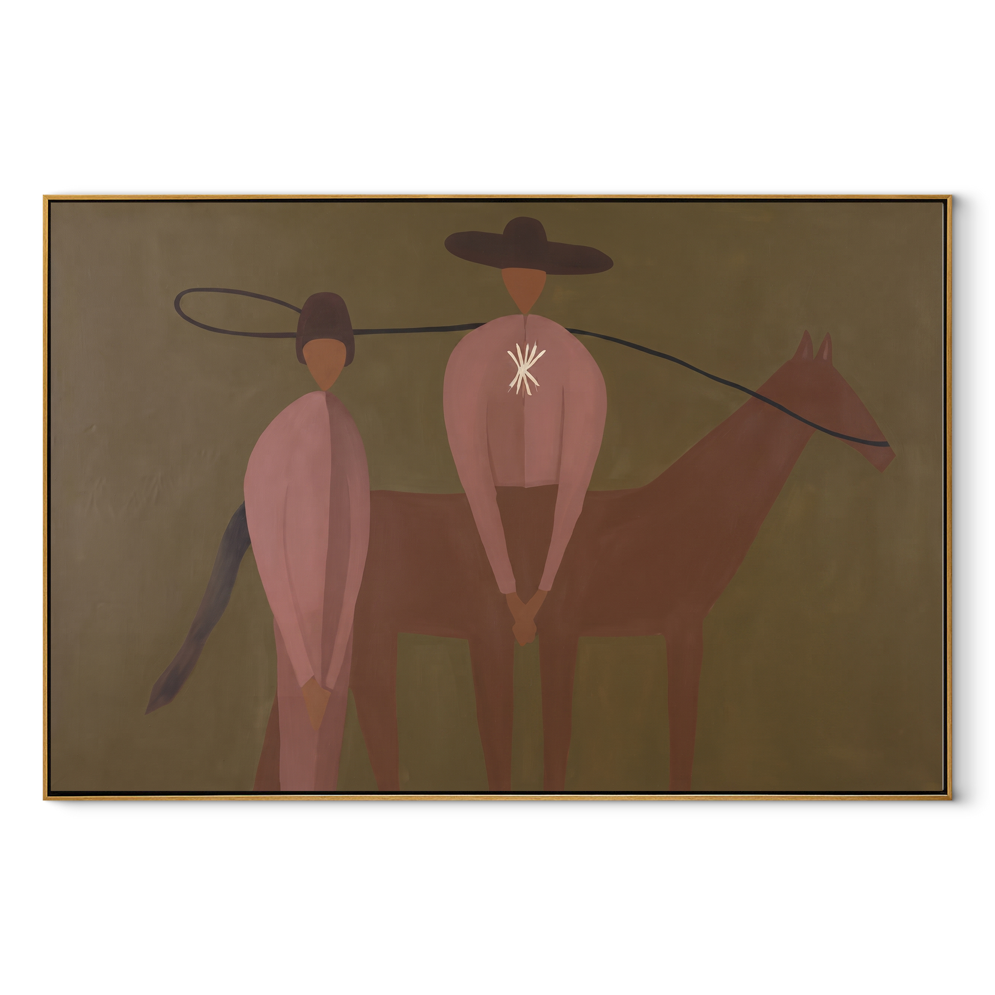 Star Back Meets Horse - western horse companion painting by Elliot Vale, modern figurative horizontal wall art - wood frame on white background