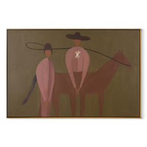 Star Back Meets Horse - western horse companion painting by Elliot Vale, modern figurative horizontal wall art - wood frame on white background