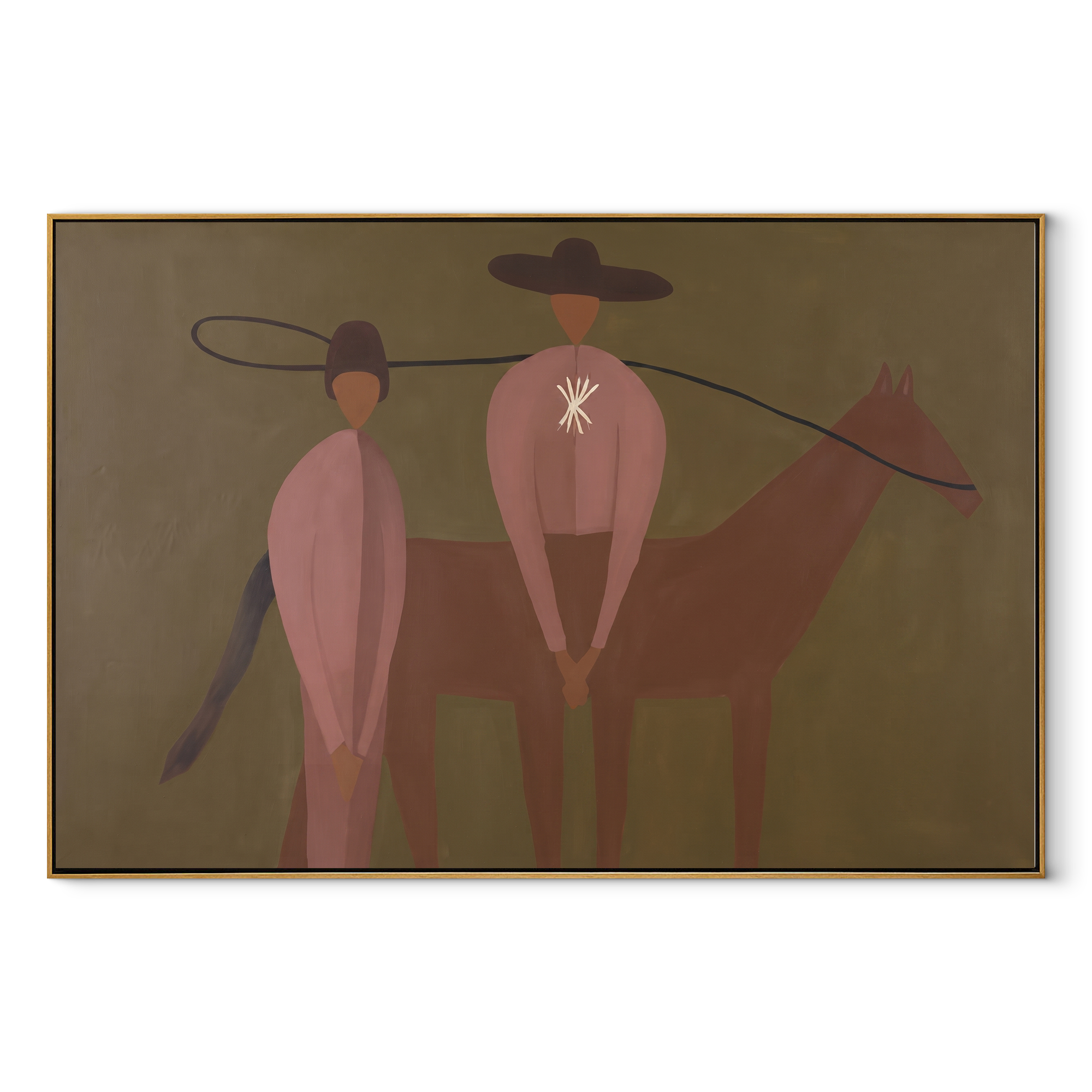 Star Back Meets Horse - western horse companion painting by Elliot Vale, modern figurative horizontal wall art - wood frame on white background