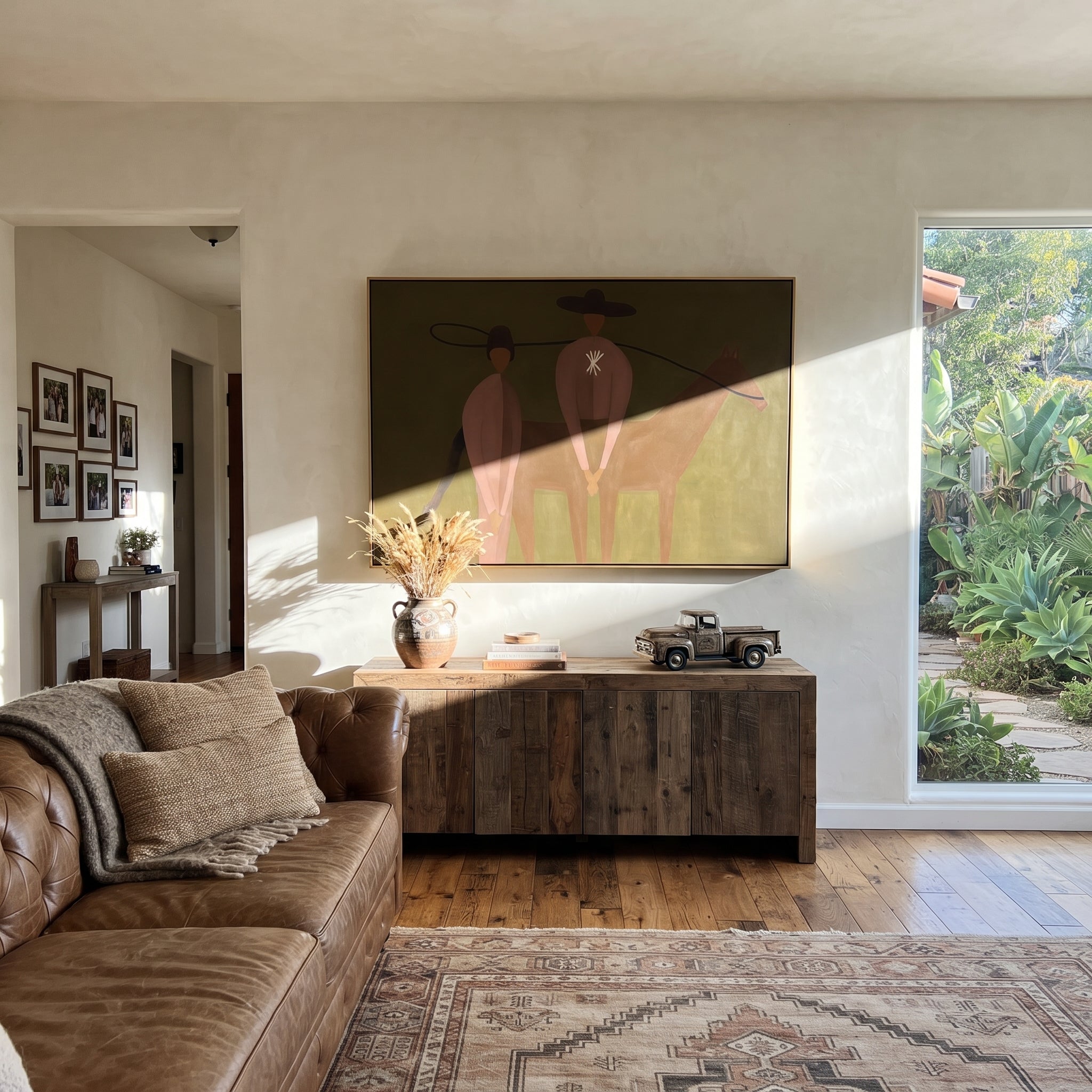 Star Back Meets Horse - western horse companion painting by Elliot Vale, modern figurative horizontal wall art - styled room scene view 2