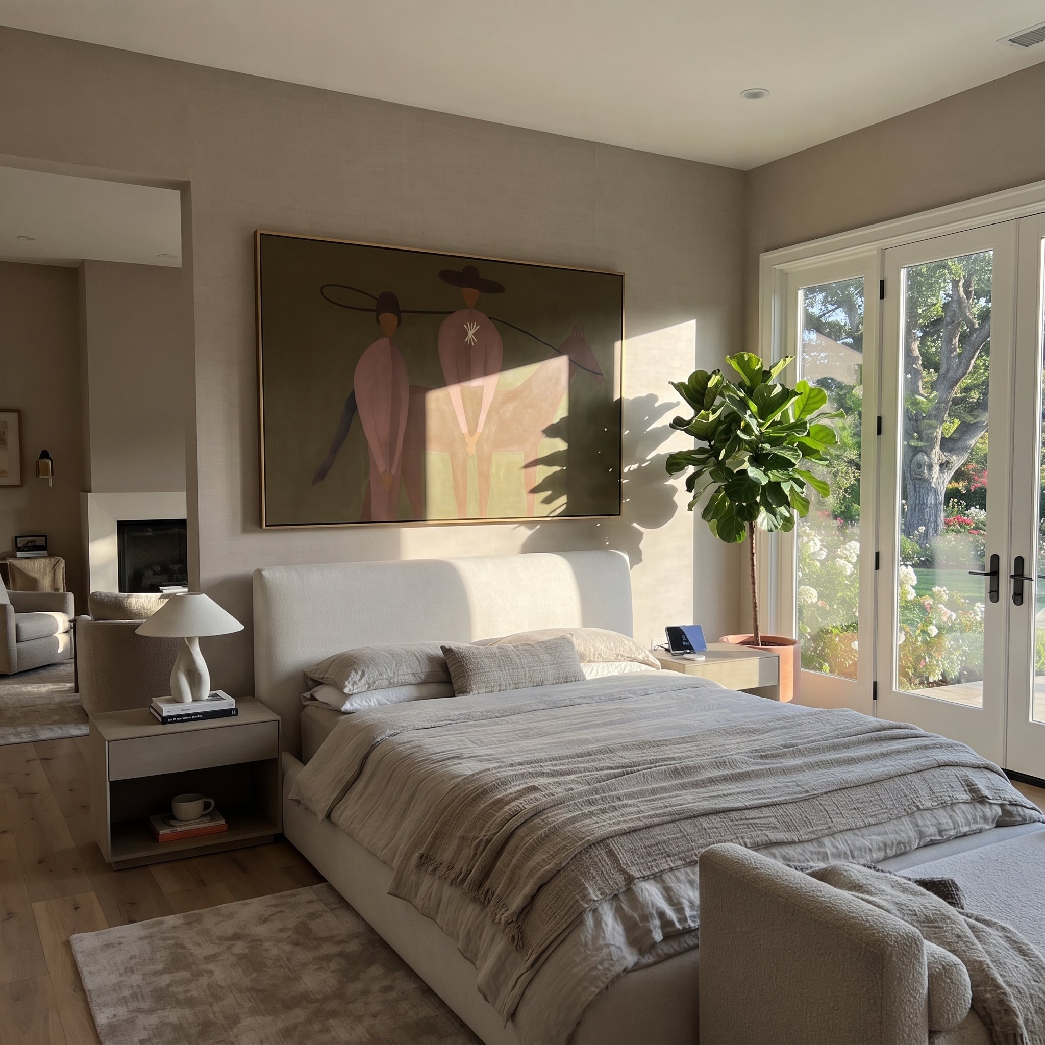 Star Back Meets Horse - western horse companion painting by Elliot Vale, modern figurative horizontal wall art - styled room scene view 3