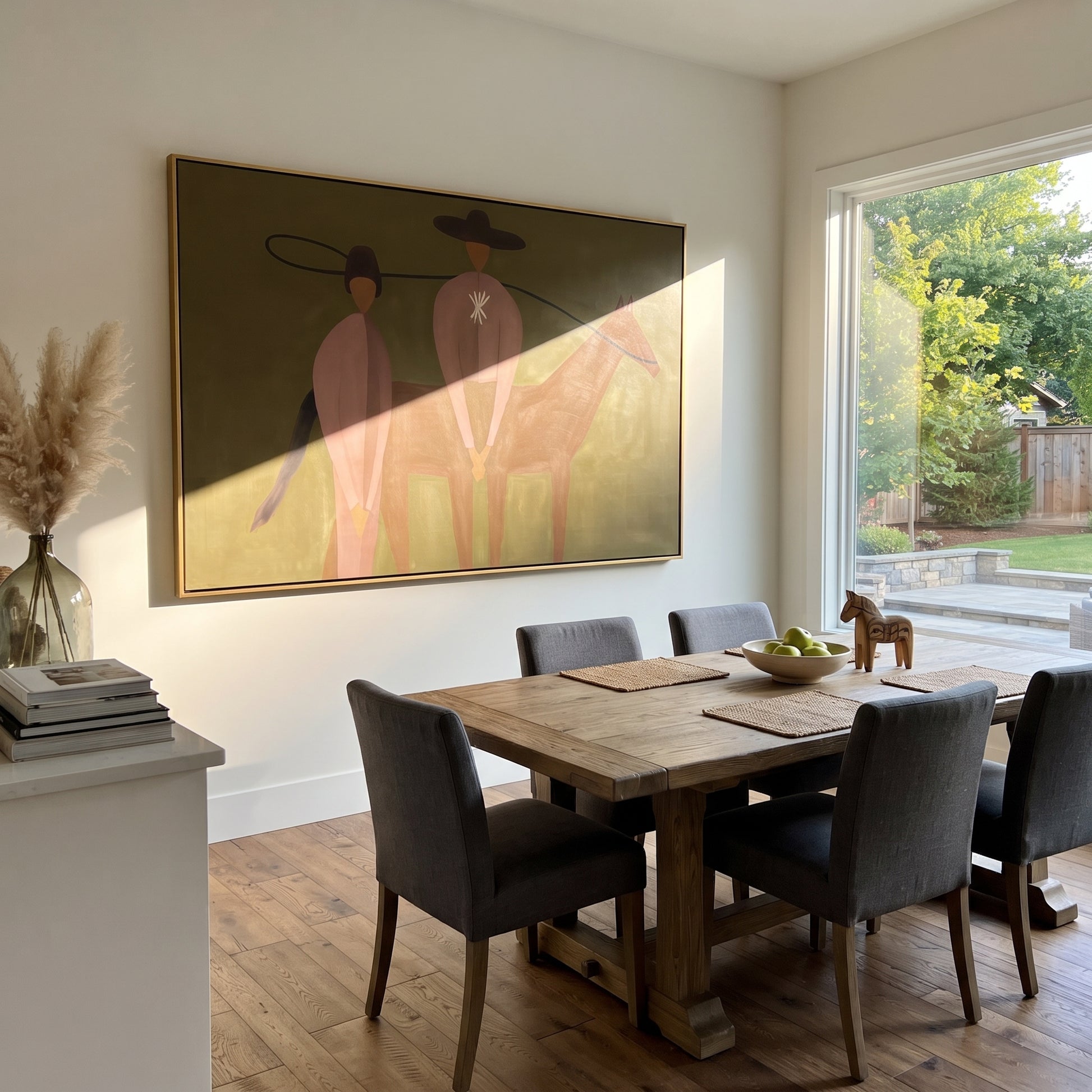 Star Back Meets Horse - western horse companion painting by Elliot Vale, modern figurative horizontal wall art - styled room scene view 4