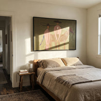 Star Back Meets Horse - western horse companion painting by Elliot Vale, modern figurative horizontal wall art - styled room scene view 5
